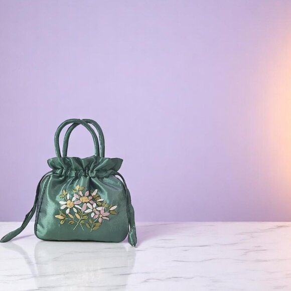 Floral Embroidered Nylon Drawstring Handbag Green Occasion Bag - Picture 5 of 7